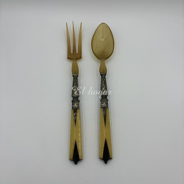 Cubiertos de servir ensalada, de asta, metal plateado y baquelita. Art Decó - Imagen 1