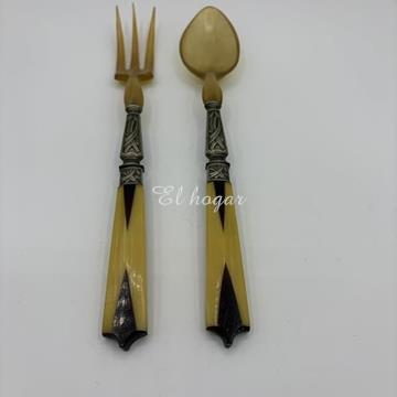 Cubiertos de servir ensalada, de asta, metal plateado y baquelita. Art Decó - Imagen 2