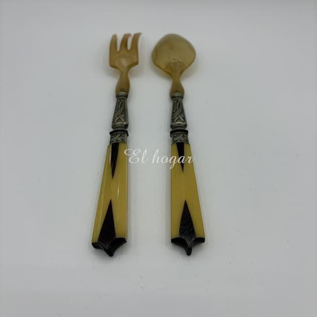 Cubiertos de servir ensalada, de asta, metal plateado y baquelita. Art Decó - Imagen 4