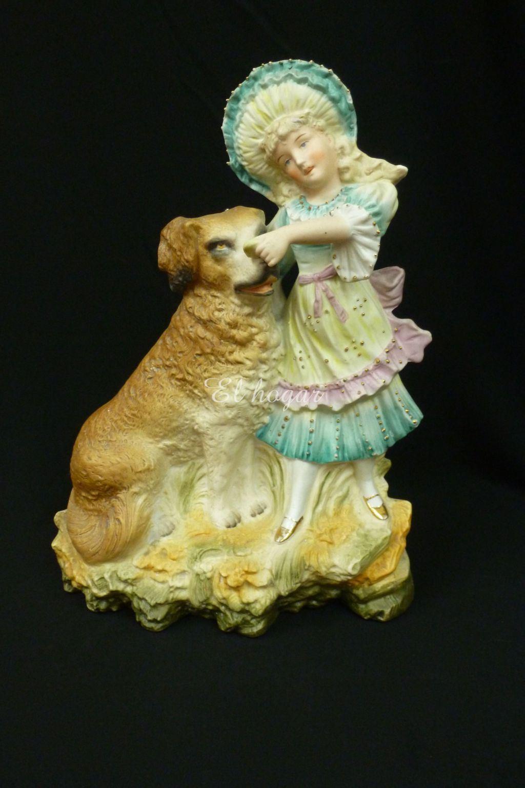 Figura de porcela de biscuit, niña con perro - Imagen 1