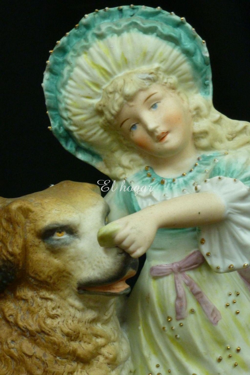 Figura de porcela de biscuit, niña con perro - Imagen 5