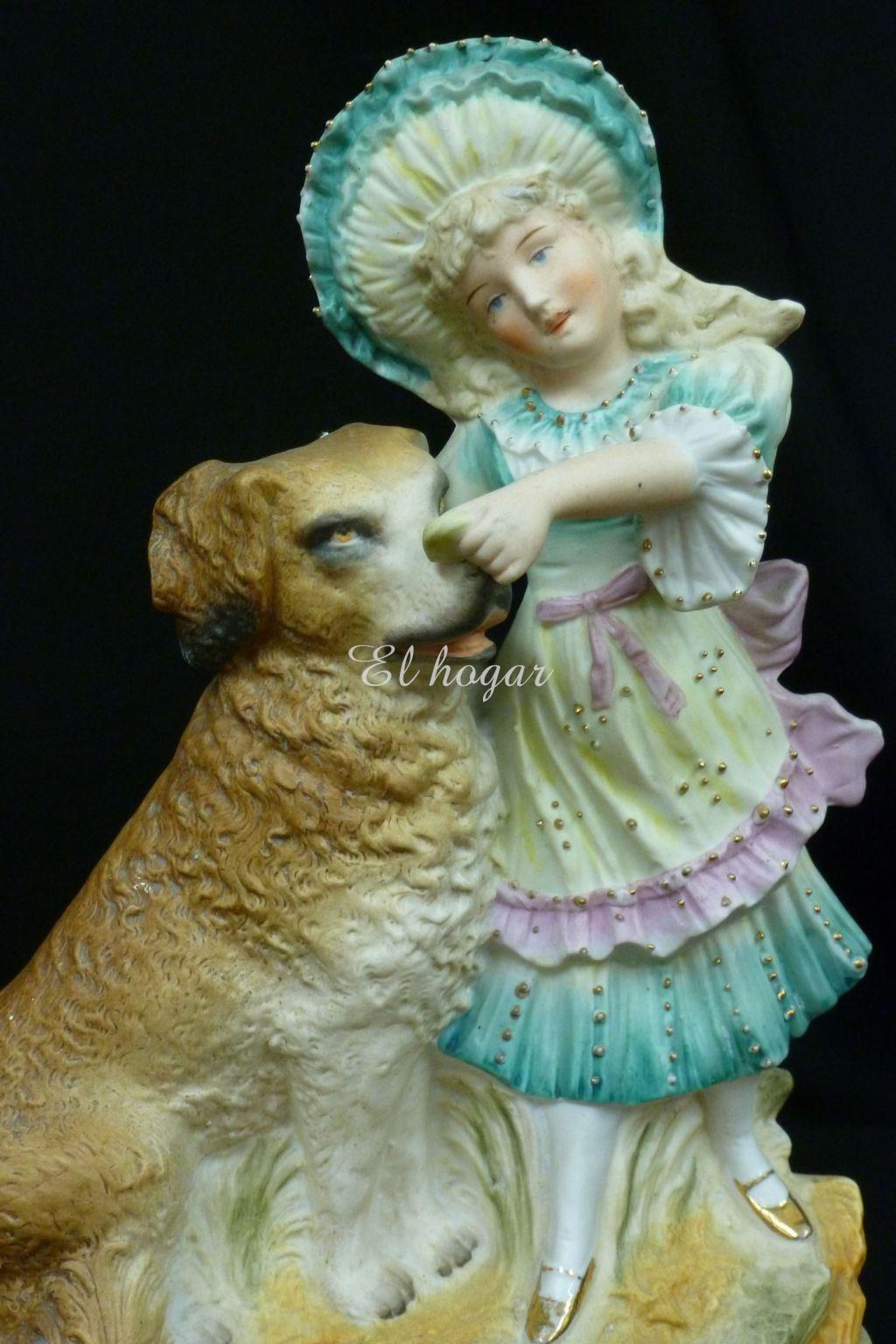 Figura de porcela de biscuit, niña con perro - Imagen 6