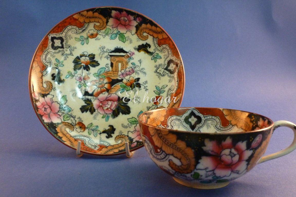 Taza de té con plato de loza inglesa decorado chinesco. - Imagen 1