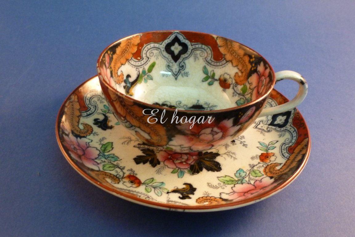 Taza de té con plato de loza inglesa decorado chinesco. - Imagen 2