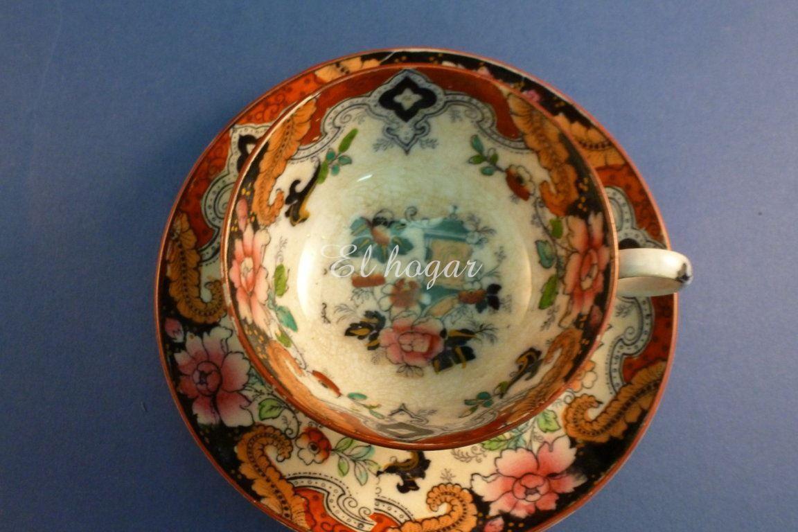 Taza de té con plato de loza inglesa decorado chinesco. - Imagen 3