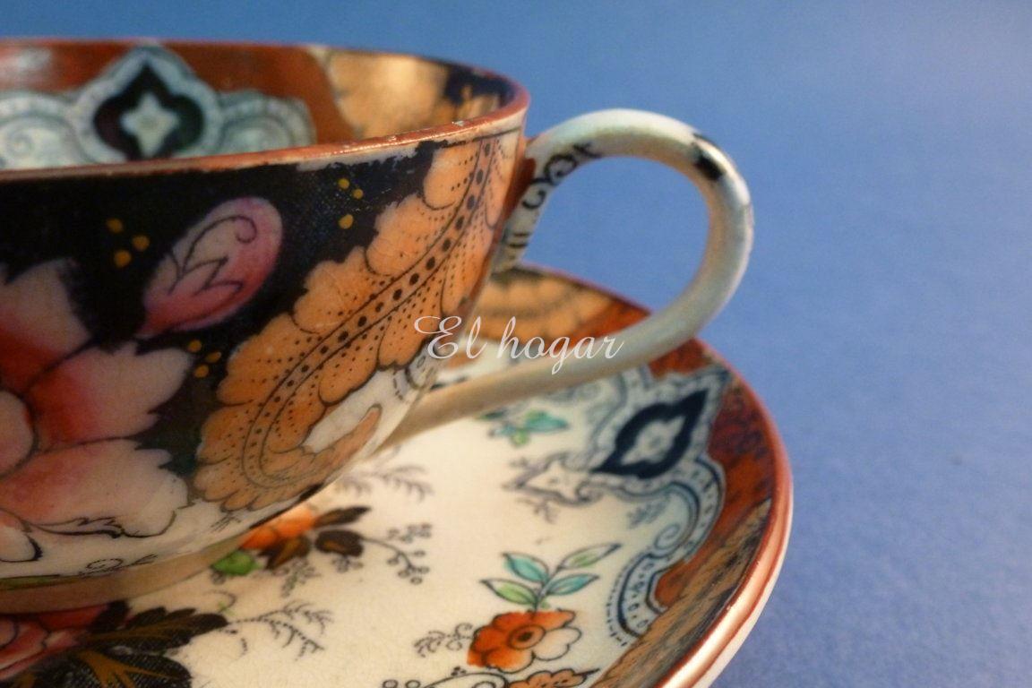 Taza de té con plato de loza inglesa decorado chinesco. - Imagen 4